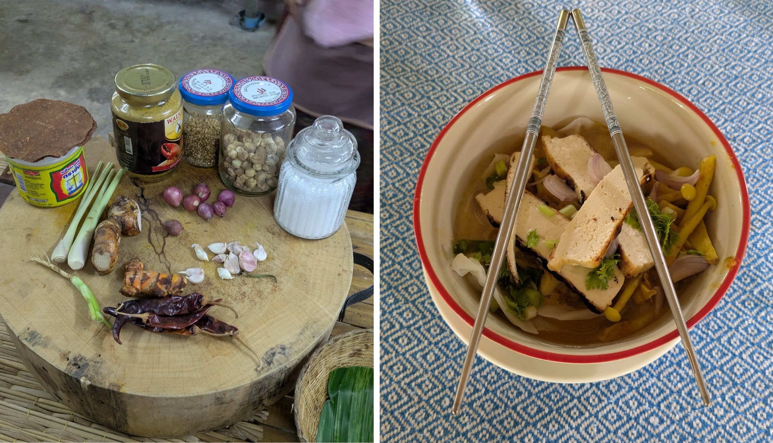 Vegan Khao Soi - curry paste ingredients and finished dish